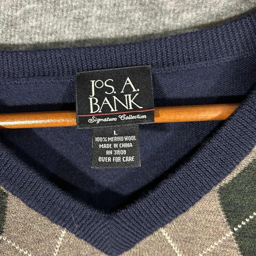 Jos. A. Bank Blue Green‎ Brown Argyle 100% Merino Wool V-Neck Sweater Size L
